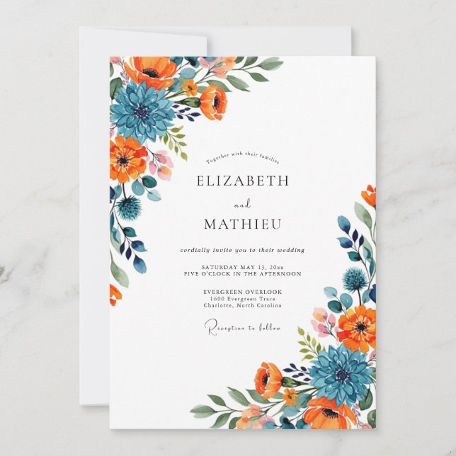 Invitation Orange Blue Floral Flourish Wedding (Devant)