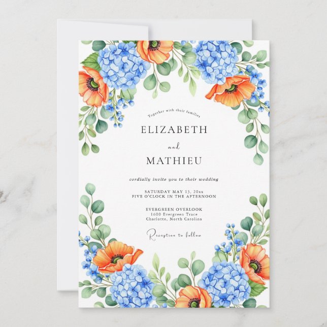 Invitation Orange Blue Floral Spring Wedding (Devant)