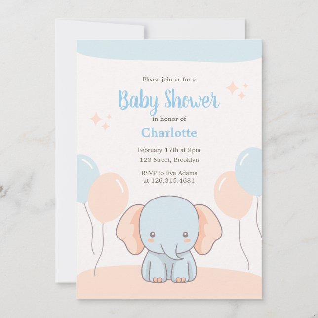 Invitation Orange Blue Pastel Simple Elephant Baby shower (Devant)