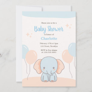 Invitation Orange Blue Pastel Simple Elephant Baby shower
