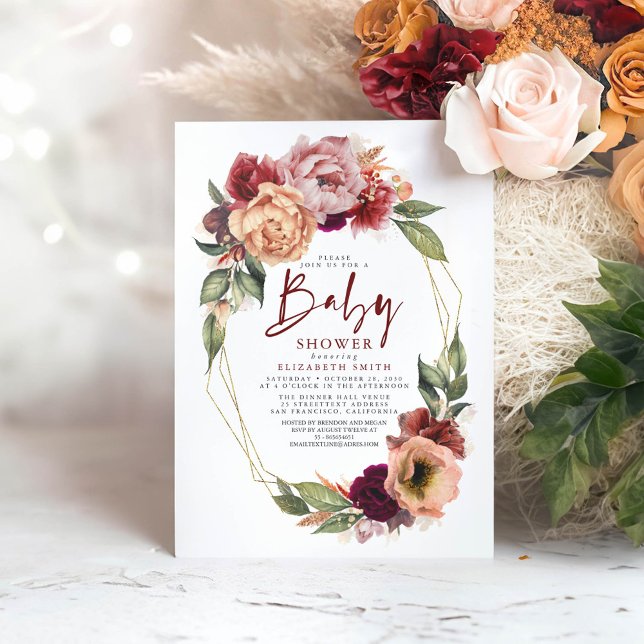 Invitation Orange Blush Bourgogne Rouge Floral Baby shower d' (Burgundy Red and Terracotta Floral Baby Shower Invitation)