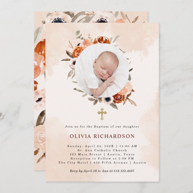 Invitation Orange Boho | Aquarelle Baptême BLANC Photo (Devant / Derrière)