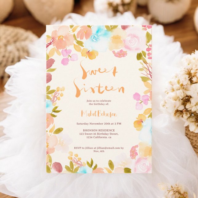 Invitation Orange boho script d'aquarelle florale Sweet 16 (Orange boho floral watercolor script Sweet 16 Invitation)