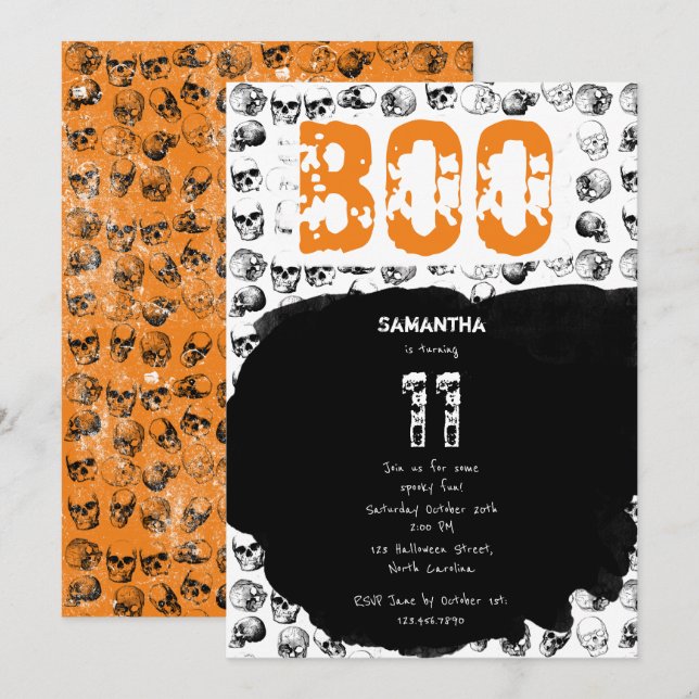 Invitation Orange Boo Halloween Crâne Éffrayant Anniversaire (Devant / Derrière)