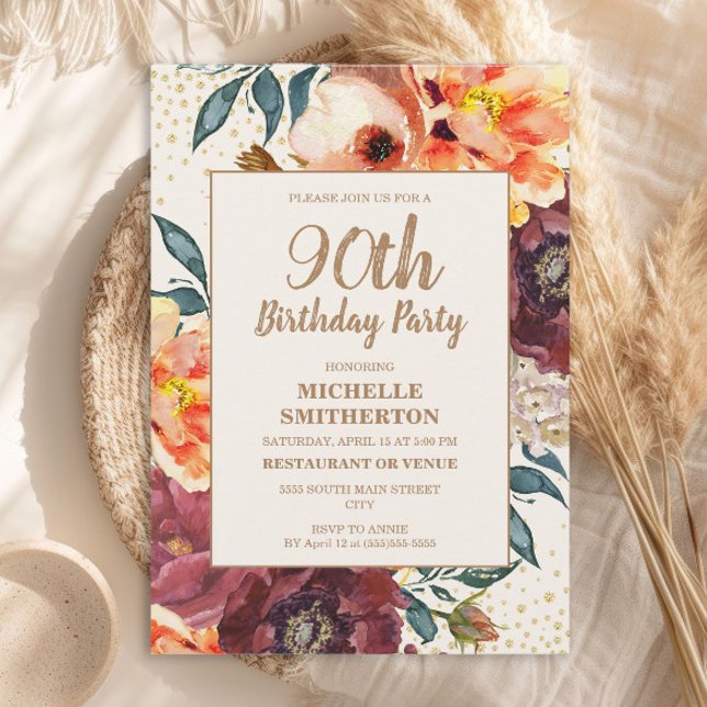 Invitation Orange Bourgogne Fleurs d'Automne Paillettes Dorée (Orange and burgundy watercolor floral 90th birthday party invitation)
