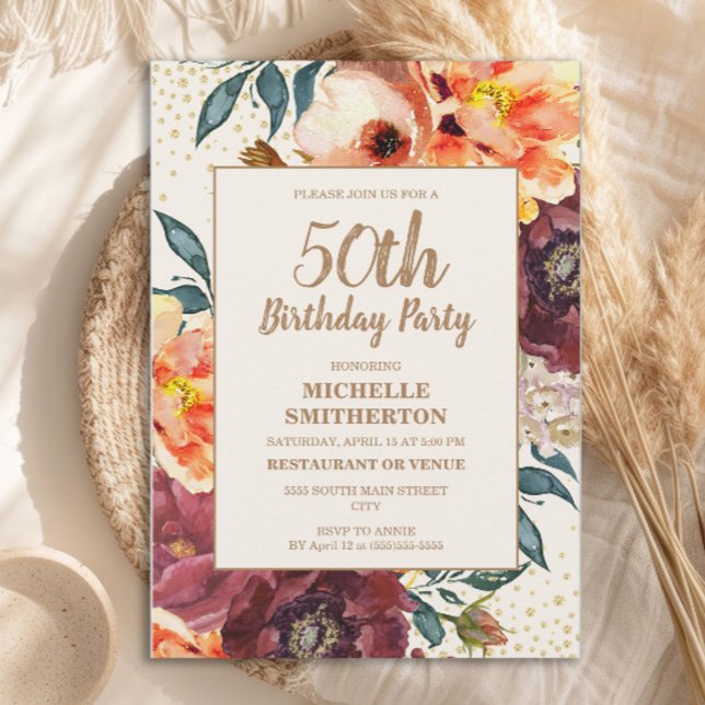 Invitation Orange Bourgogne Fleurs d'Automne Paillettes Dorée (Orange and burgundy floral 50th birthday party invitation)