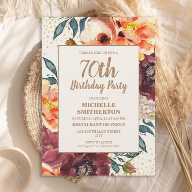 Invitation Orange Bourgogne Fleurs d'Automne Paillettes Dorée (Orange and burgundy watercolor floral 70th birthday party invitation)