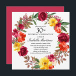 Invitation Orange Bourgogne jaune fleuri couronne 30e anniver<br><div class="desc">Faites honneur à une personne spéciale avec cette élégante invitation de fête du 30e anniversaire. Les fleurs d'automne créent une belle couronne d'aquarelle.</div>