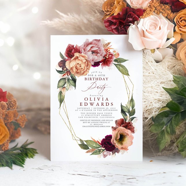 Invitation Orange Bourgogne Rouge Floral Automne fête d'anniv (Earthy Floral Birthday Invitations)