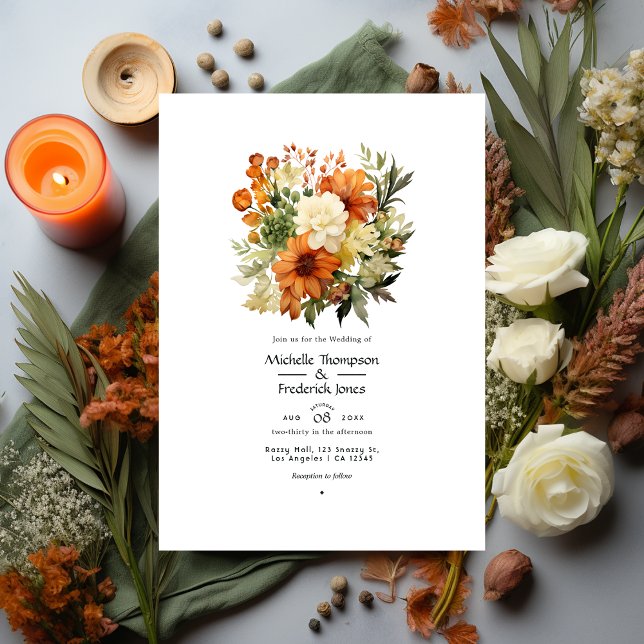 Invitation Orange brûlé, crème et Mariage de fleurs vert mous (Créateur téléchargé)