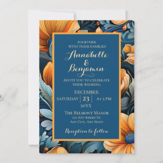 Invitation Orange brûlé moderne et Mariage floral bleu