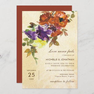 Invitation Orange Brûlé Purple Automne Floral Mariage chrétie