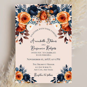 Invitation Orange brûlé rustique et Mariage floral bleu