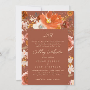 Invitation Orange Brûlé Terracotta Monogramme Frontière flora