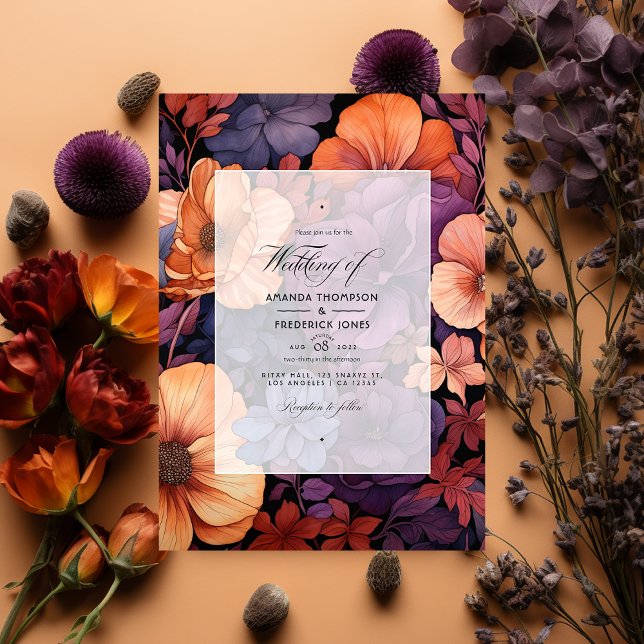 Invitation Orange brûlé, violet foncé et Mariage floral noir (Créateur téléchargé)