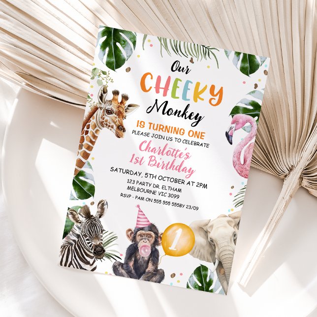 Invitation Orange Casquette rose Notre Singe Cheveux Annivers (Cheeky Monkey Birthday Invitation Template Girl, Printable Our Cheeky Monkey 1st Birthday Invite
)