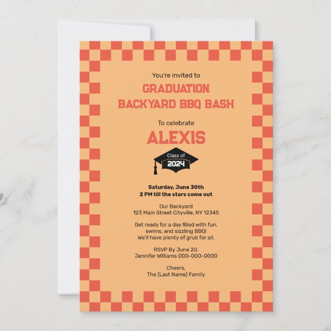 Invitation Orange Checkerboard Jardin Graduation Party (Devant)