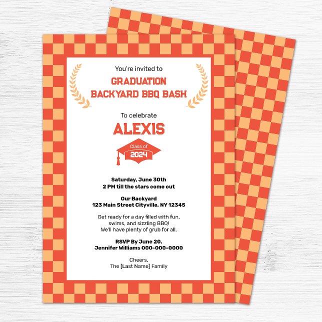 Invitation Orange Checkerboard Jardin Graduation Party (Créateur téléchargé)