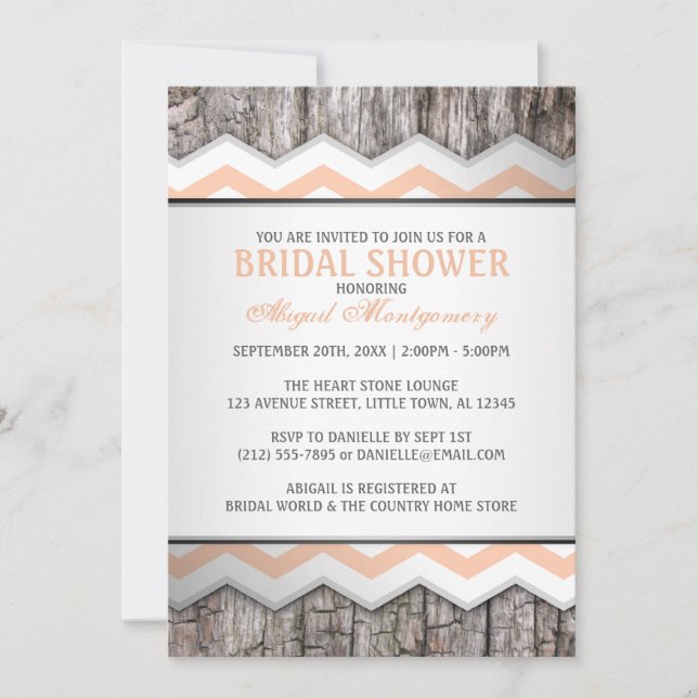 Invitation Orange Chevron & Bois Fête des mariées rustique (Devant)