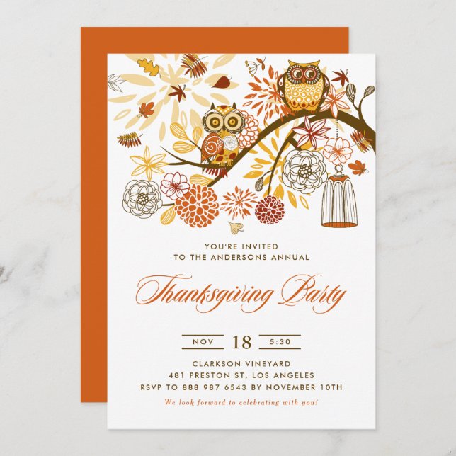 Invitation Orange Chouettes Festives Thanksgiving Party (Devant / Derrière)