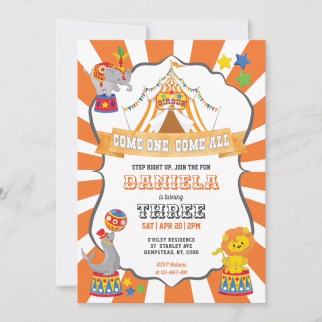 Invitation Orange Circus Carnival Birthday (Devant)
