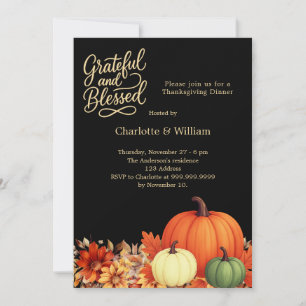 Invitation Orange citrouille reconnaissant noir Thanksgiving