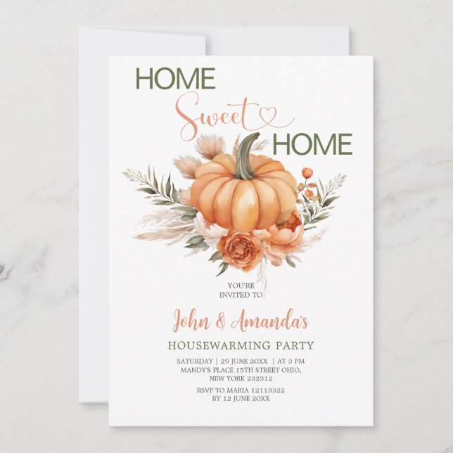 Invitation Orange Citrouille Sweet Home Boho Houseécher Party (Devant)