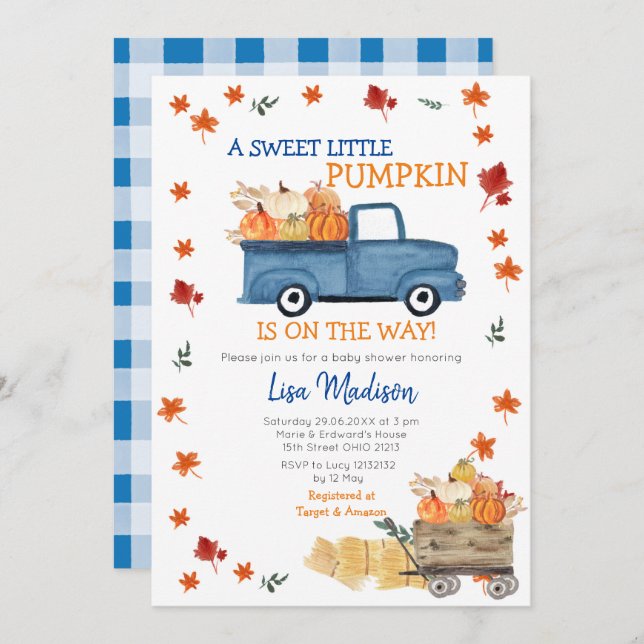 Invitation Orange Citrouille Truck Baby shower fille Invitati (Devant / Derrière)