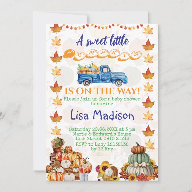 Invitation Orange Citrouille Truck Baby shower fille Invitati (Devant)