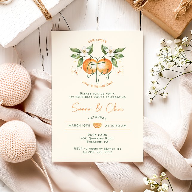 Invitation Orange Citrus Little Cuties Twin Birthday Party (Créateur téléchargé)