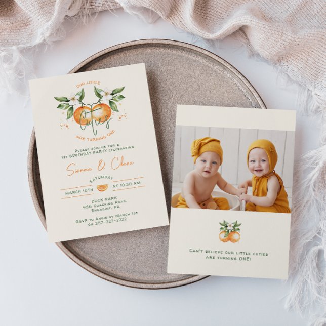 Invitation Orange Citrus Little Cuties Twin Photo Birthday (Créateur téléchargé)