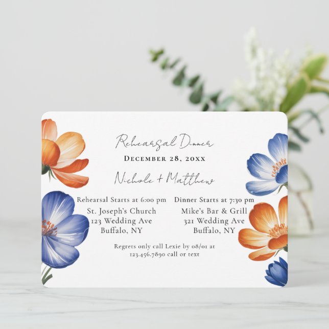 Invitation Orange & Cobalt Blue Floral Rehearsal Dinner (Debout devant)