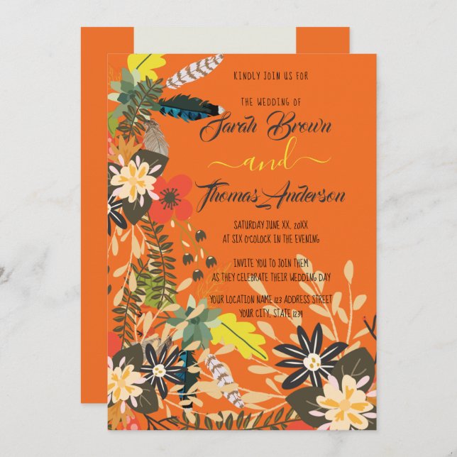 INVITATION ORANGE COLORÉ BOHO FLORAL (Devant / Derrière)