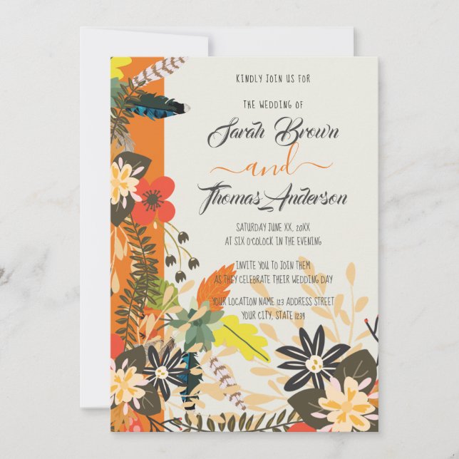 INVITATION ORANGE COLORÉ BOHO FLORAL (Devant)