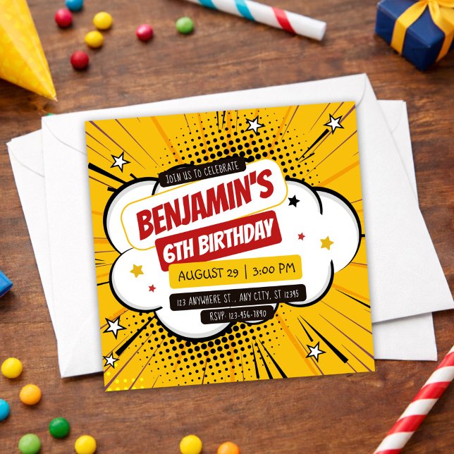 Invitation Orange Comic Superhero Pop Art Kids 6th Birthday (Orange Comic Superhero Pop Art Kids 6th Birthday Invitation, Boy Birthday Invite)