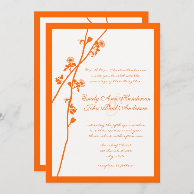 Invitation Orange Coral Fleur sauvage Branche Mariage Invite (Devant / Derrière)