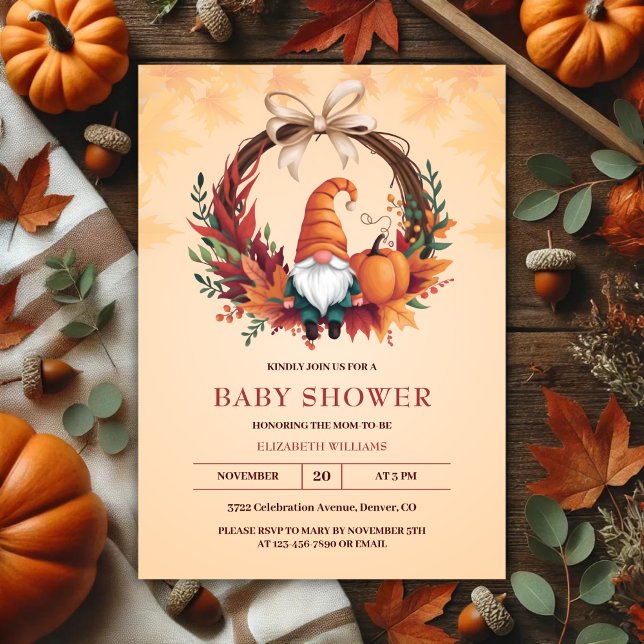 Invitation Orange Cute Gnome Fall Citrouille Baby shower de c (Orange Cute Gnome Fall Pumpkin Wreath Baby Shower Invitation)
