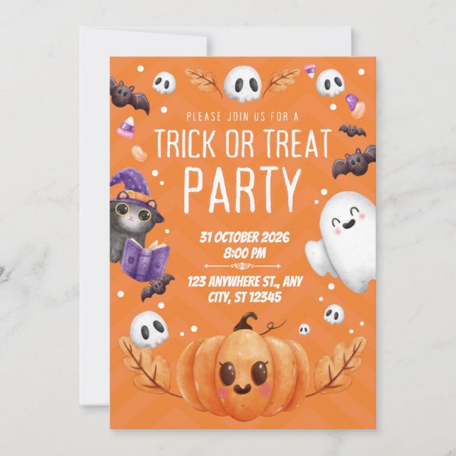 Invitation Orange Cute Halloween Trick or Treat Party  (Devant)