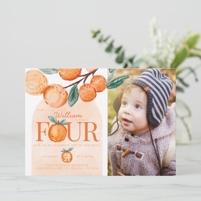 Invitation Orange Cutie quatre ans fête d'anniversaire (Debout devant)