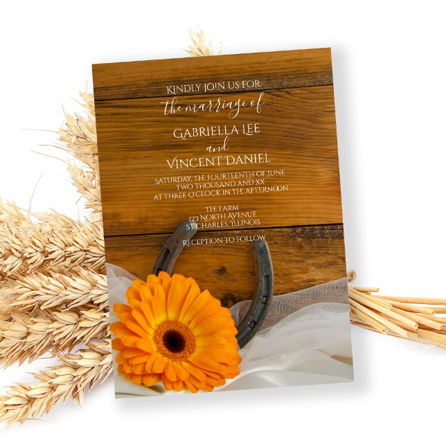 Invitation Orange Daisy et Horseshoe Country Western Mariage (Créateur téléchargé)