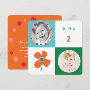 Invitation Orange Daisy Pop Carré fille Anniversaire Photo In