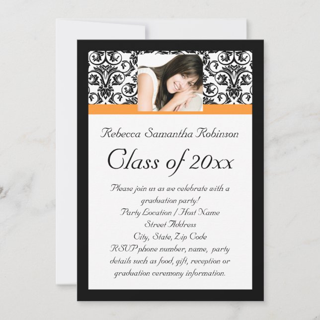 Invitation Orange Damask Photo Girl's Graduation (Devant)