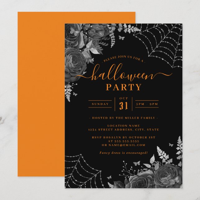 Invitation Orange Dark Éffrayant Floral Cobwebs Halloween Par (Devant / Derrière)