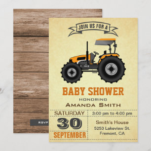 Invitation orange de baby shower de tracteur de
