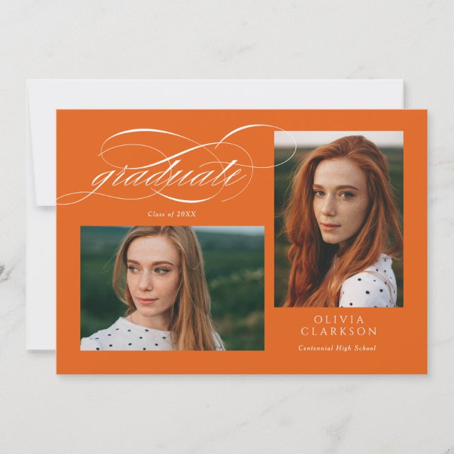 Invitation Orange Elegant Script 3 Photo Graduation Party (Devant)