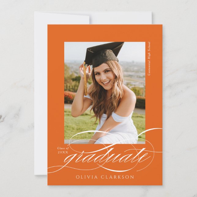 Invitation Orange Elegant Script Photo Graduation Party (Devant)