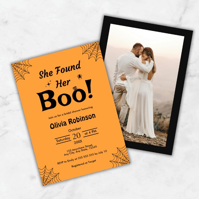 Invitation Orange Elle A Trouvé Sa Fête des mariées Boo Hallo (Orange Photo She Found Her Boo Halloween Bridal Shower Invitation   )