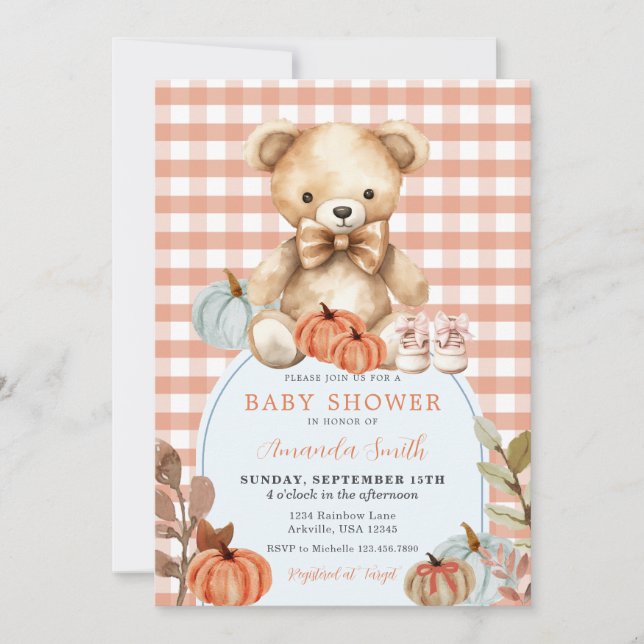 Invitation Orange En vichy Ours Citrouille Chaussures Baby sh (Devant)