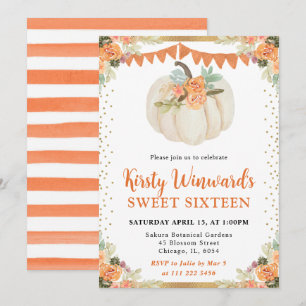 Invitation Orange et blanc Citrouille Floral Fall Sweet 16