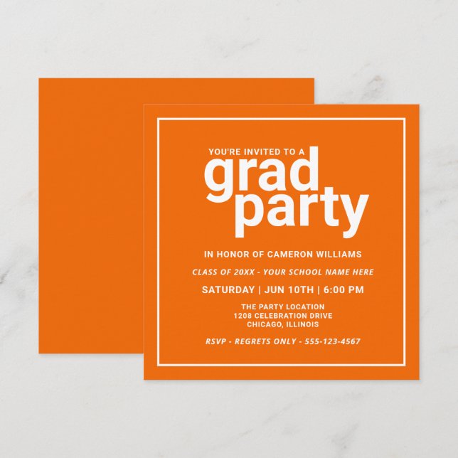 Invitation Orange et blanc Moderne de base Grad Party (Devant / Derrière)